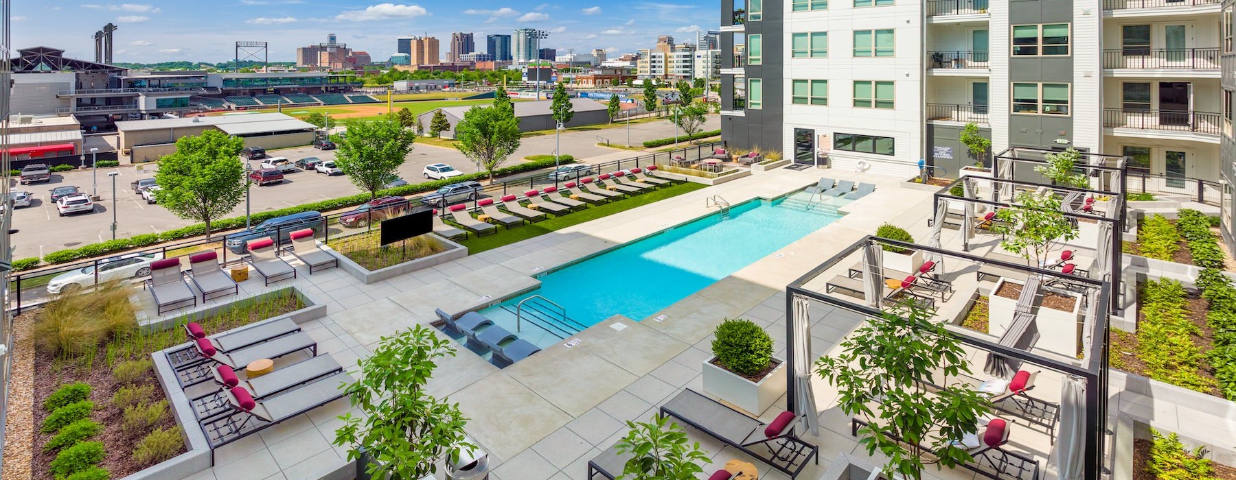 a courtyard with a swimming pool