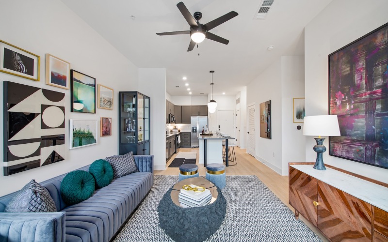 a living room with a couch and a coffee table